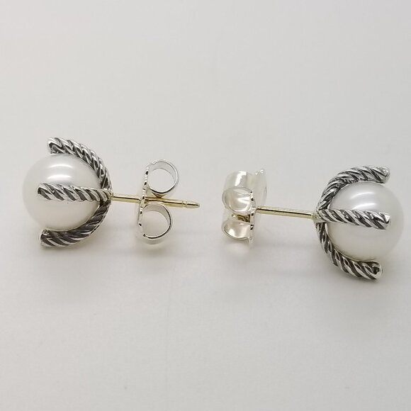 DAVID YURMAN 6mm Cable Classic Pearl Earrings in Sterling Silver w/ Diamonds 925 - Picture 3 of 8